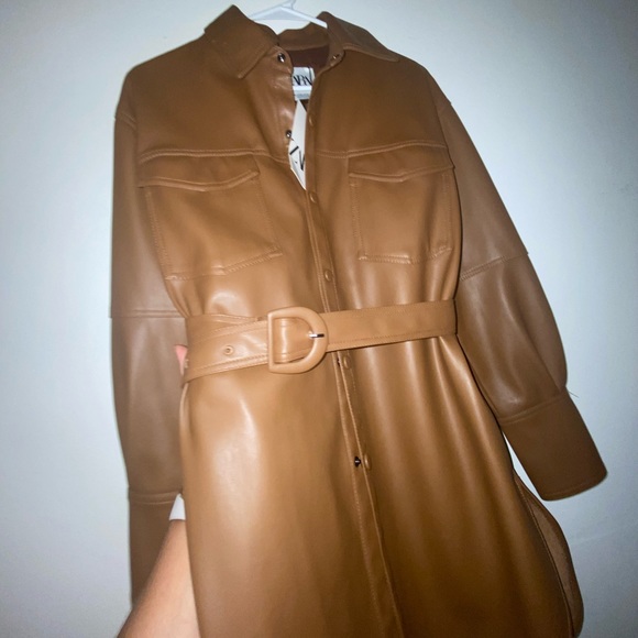 ZARA BROWN CAMEL LEATHER BELT SHIRT MINI DRESS TAN - Picture 5 of 9